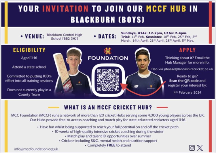 Boys Cricket MCCF Hub . Free of charge for all secondary school age players. Sign up for free by clicking on the link . All club players welcome .🏏🏏🏏🏏👍👍👍 <a href="/lancs_league/">Lancashire League</a> Plz Re Post <a href="/nwcricketleague/">NorthWest Cricket League</a> 
Select Blackburn Boys from the drop down menu.

app.upshot.org.uk/signup/e52e68c…