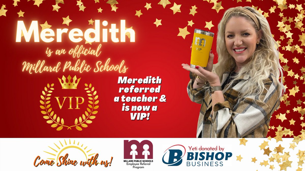 Congratulations, Meredith! She is an official Millard Public Schools VIP! Meredith was presented with a Yeti Tumbler donated by Bishop Business for referring a teacher to Millard Public Schools! #SHINEwithMPS #Proud2bMPS #EmployeeReferrals bbec.com
