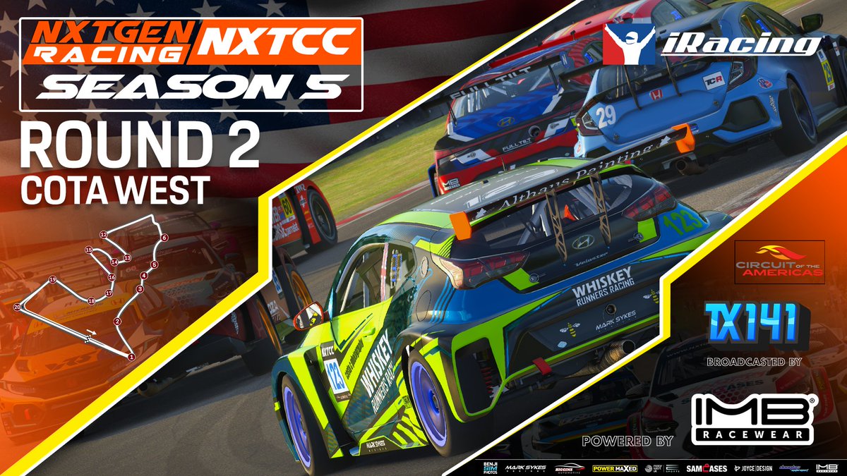 Season 5 of the @nxtgen0fficial Touring Car Championship on #iRacing powered by @imbracewear continues tonight with Round 2 seeing the paddock head to the USA for the West layout of COTA. Who shall triumph over the technical test of Texas? Broadcast details in my reply.