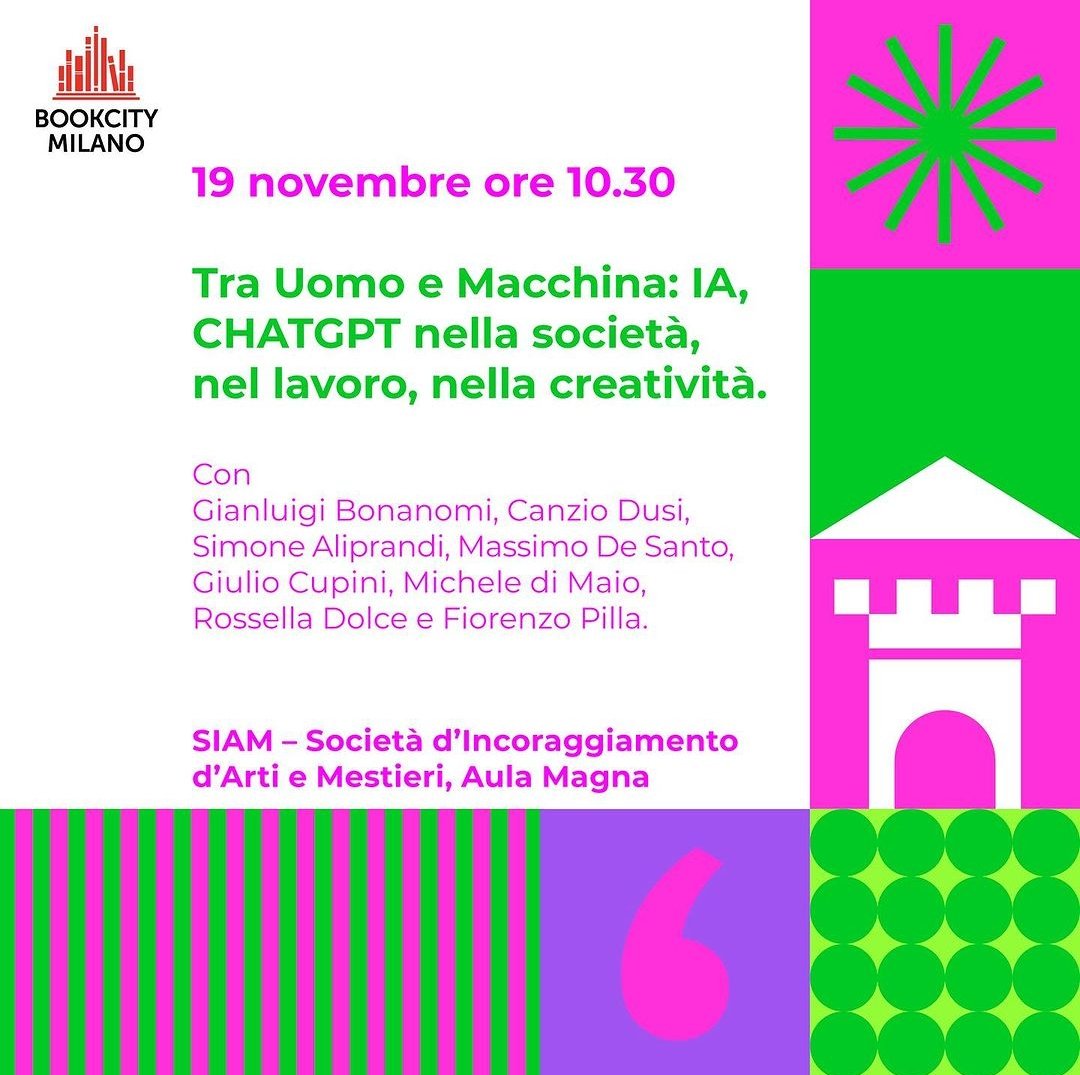 Avete impegni questa domenica mattina? Io sarò a #BookcityMilano assieme a <a href="/GBonanomi/">Gianluigi Bonanomi</a>, G. Cupini, M. De Santo, M. di Maio, R. Dolce, <a href="/CanzioDusi/">canzio dusi</a>, F. Pilla: tutti autori che hanno di recente pubblicato libri sul tema #intelligenzaartificiale con <a href="/Ledizioni/">Ledizioni</a>.

-- #ai #chatgpt