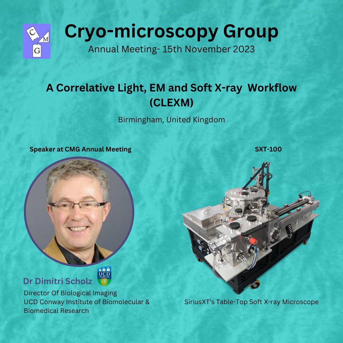 UCD is participating in the annual meeting of the Cryo Microscopy Group (CMG) of the Royal Microscopical Society on November 15th, 2023, in Birmingham, UK. Dr. Dimitri Scholz, Director of Biological Imaging at UCD Conway Institute of Biomolecular & Biomedical Research, will