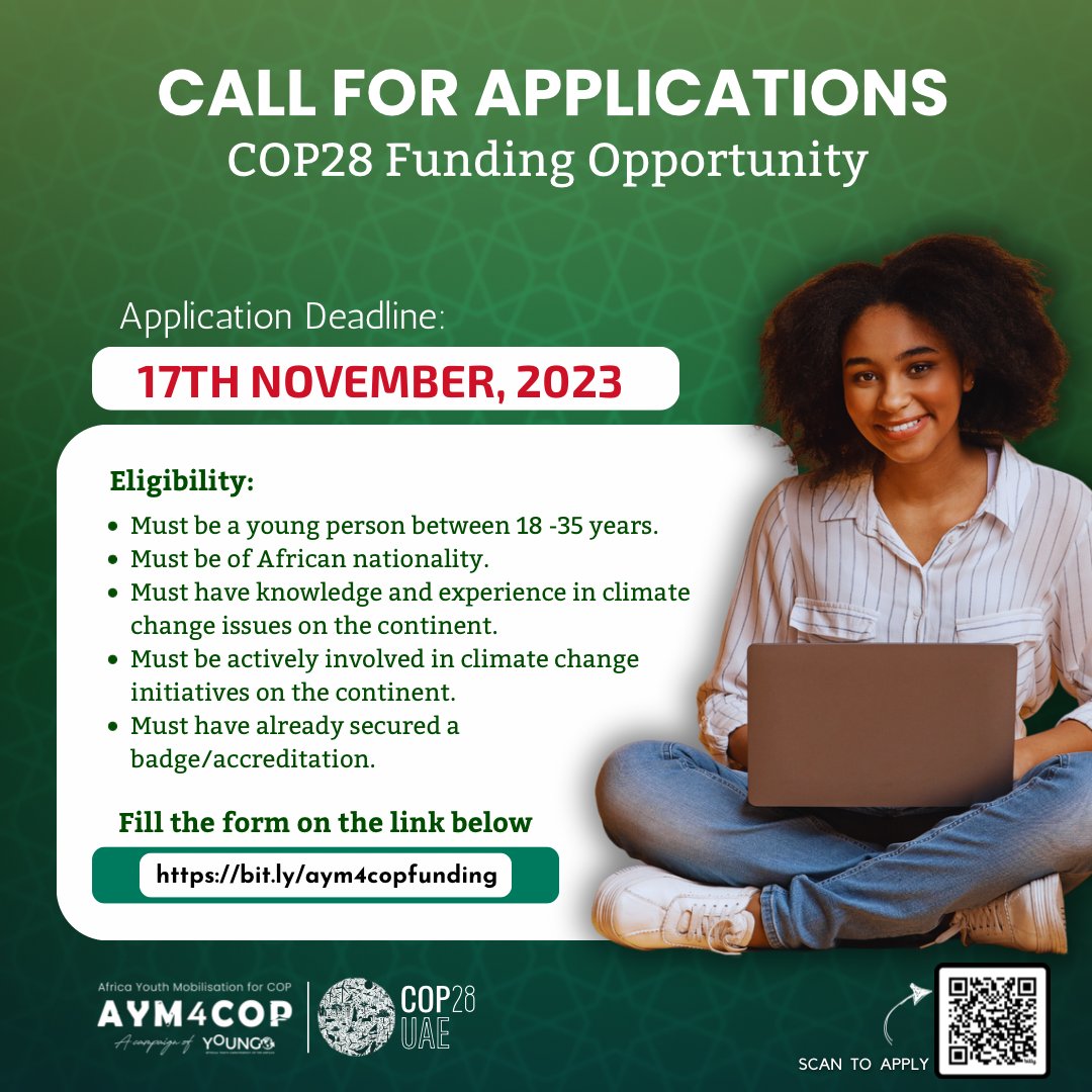 Passionate about climate action? Ready to be the voice Africa needs at COP28? AYM4COP is looking to sponsor delegates to COP28! Apply now!! Eligibility: Age: 18-35 African nationality Climate change knowledge & experience Active in climate initiatives Secured a COP accreditation