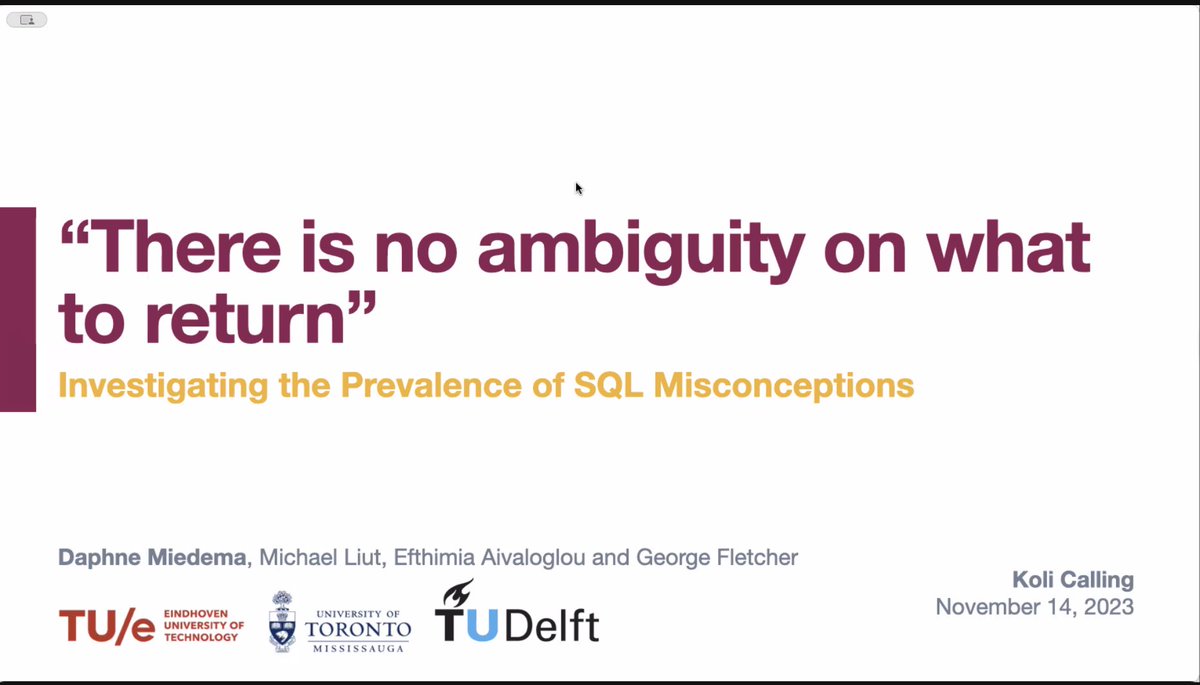 MichaelLiut's tweet image. Very excited to have @DaphneMiedema present our work on SQL Misconceptions at #kolicalling #koli23 today! 

This is joint work with @feniaiv and @georgehiroshi! 
#DataEd #CSEd #CER