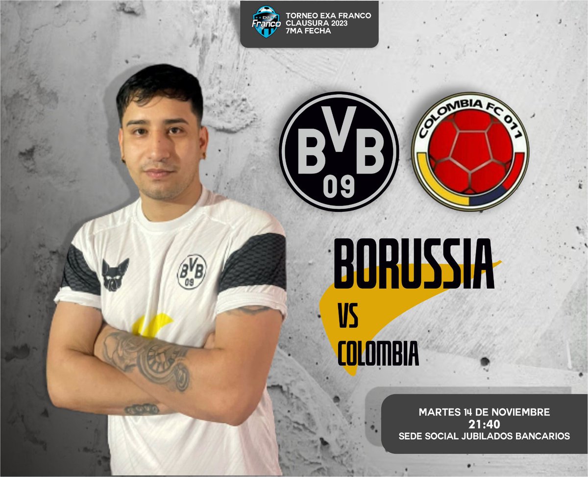 Borussia vs <a href="/ColombiaO11/">Colombia F.C O11</a>
.
.
🏆 7ma Fecha <a href="/exafranco/">Torneo Exa Franco</a>
🗓 Mar 14/11
🕤 21:40
📍 Sede Jubilados Bancarios
