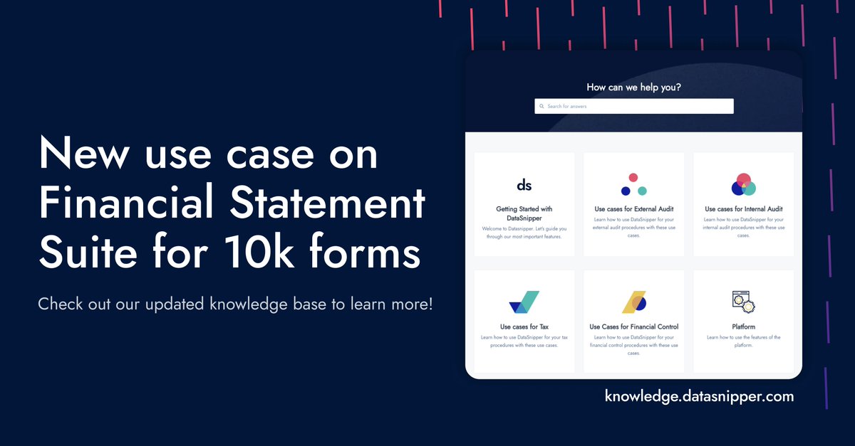 10Q and 10K, now made easy with The Financial Statement Suite from DataSnipper.

Learn how you can leverage FSS to help you this upcoming busy season.

Check out our updated Knowledge Base here: knowledge.datasnipper.com

Happy Snipping! 💙