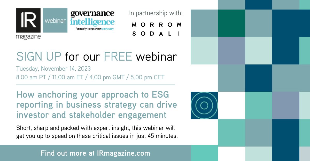 Don't miss out on today's free-to-attend webinar in partnership with @morrowsodali! Join our panel of experts as they share guidance on how to be even more rigorous with your #ESG reporting and turn it into actionable corporate strategy: governance-intelligence.com/events/webinar…