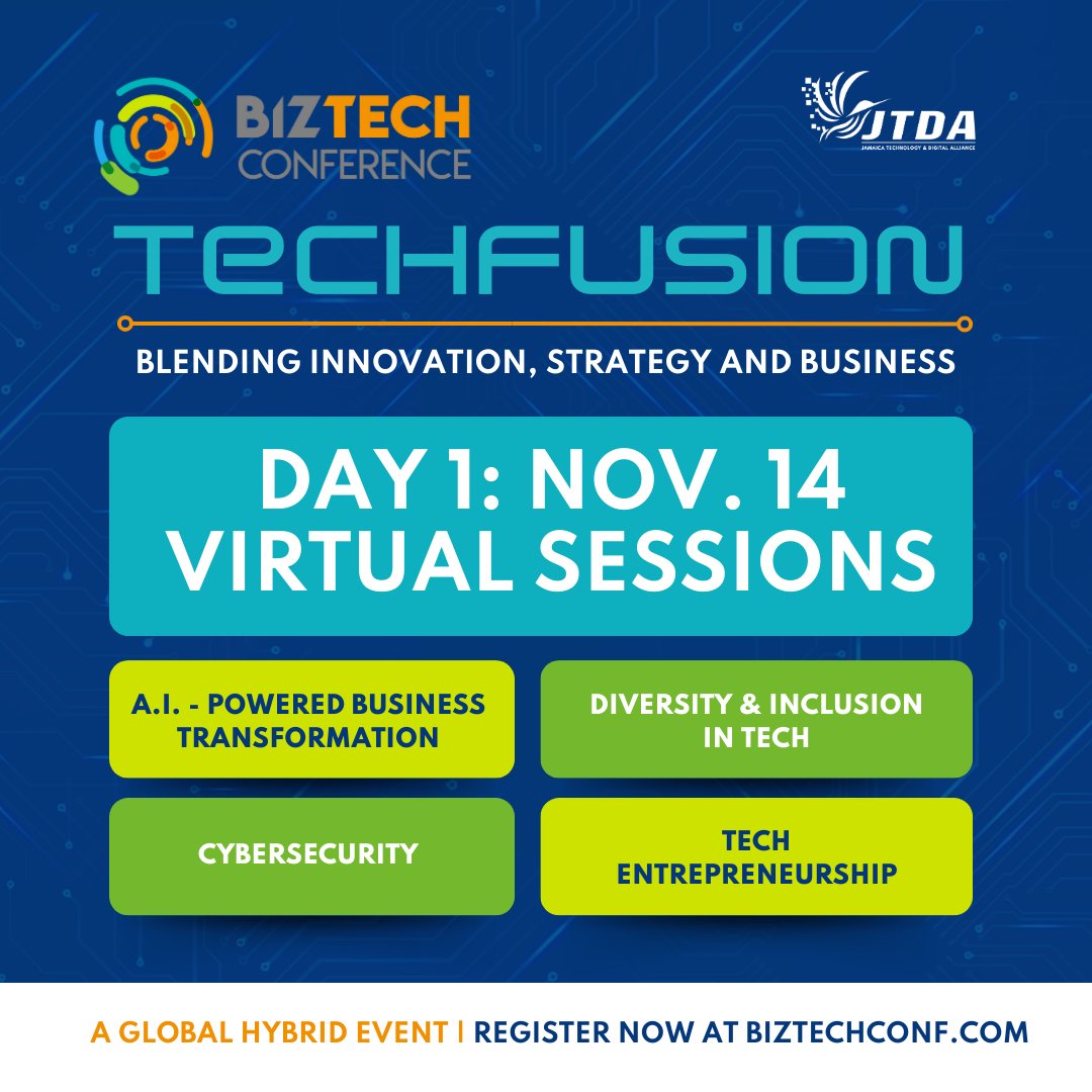 thejtda's tweet photo. BizTech 2023 is LIVE! Let's deep dive into AI, Diversity & Inclusion, Cybersecurity & Tech Entrepreneurship!
Purchase your #BizTech2023 tickets TODAY at https://t.co/kdlrXTcV0g.
#JTDA #BizTech2023 #TechFusion #AI #Cybersecurity #AI #Diversity #Inclusion #TechEntreprenuership https://t.co/7aLhNPg1T0