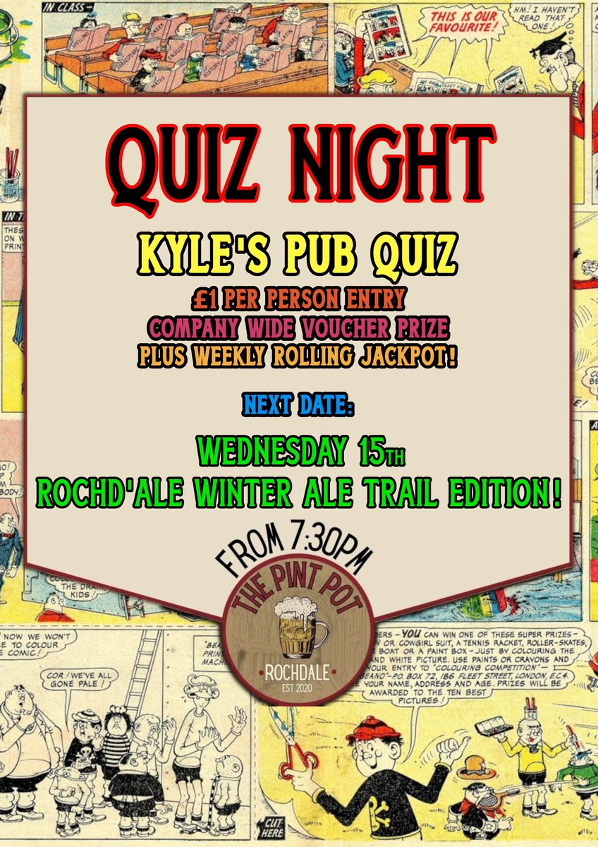 Wednesday evening 7:30pm at The Pint Pot - a special Rochd’Ale Winter Ale Trail version of the pub quiz! Come on down and have a go to win that shiny voucher! Might be busy so get there early! #rochdale #aletrail #quiznight