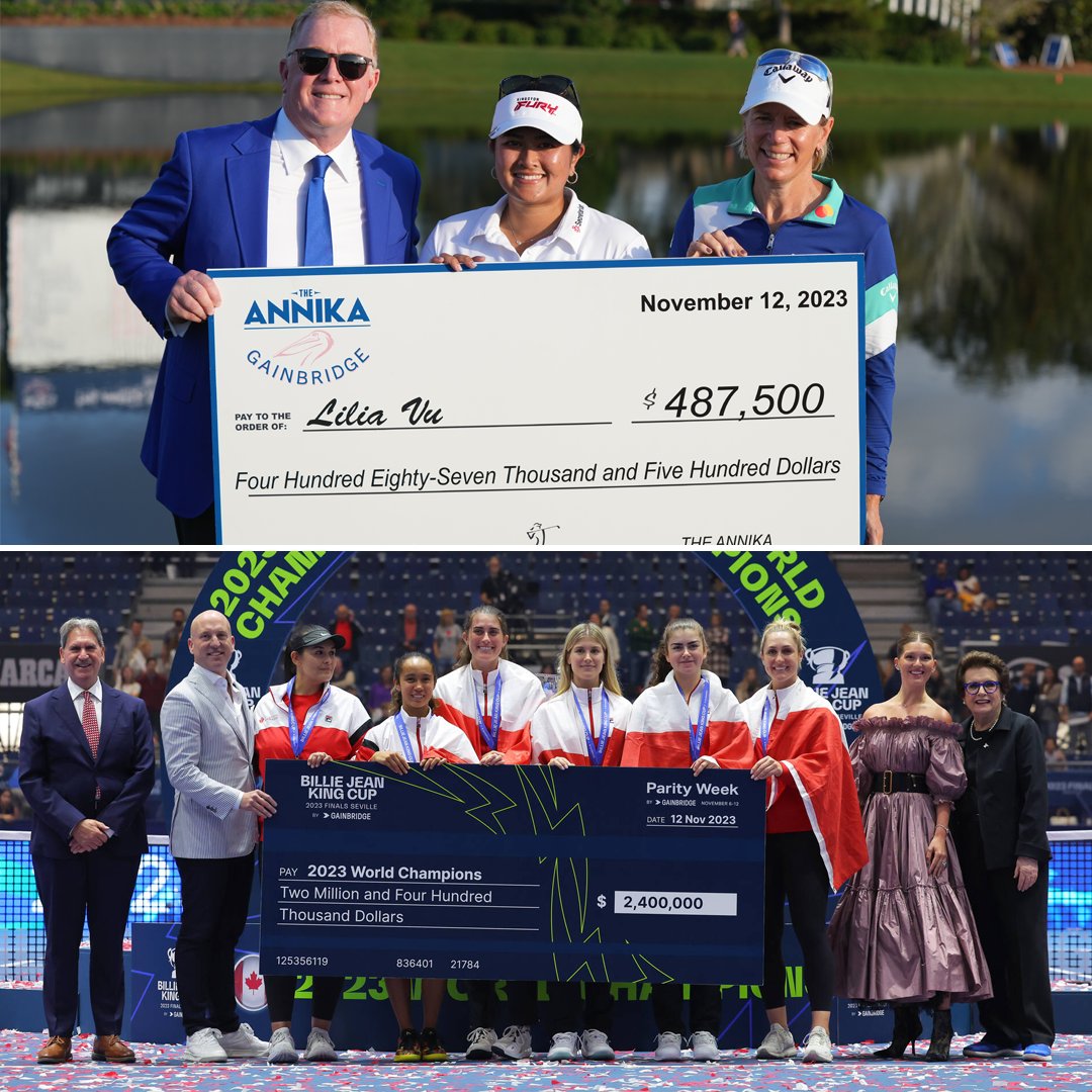 Big win for women's sports! On Sunday, nearly $13 million in prize money was awarded to wrap #ParityWeek by Gainbridge®. 

Congrats again to @TheLiliaVu on winning @theANNIKAlpga and @TennisCanada on winning @BJKCup!