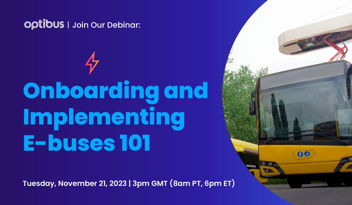 Optibus's tweet photo. Join us for an insightful webinar and live demo showcasing Optibus' enhanced #ElectricVehicle capabilities.

DATE: Tue, Nov 21, 2023
TIME: 3pm GMT / 10am ET
REGISTER: https://t.co/v5Xx8gCku4

Gain invaluable insights into the future of #ElectricBus fleet management.

#Charging https://t.co/e1cozHNb2c
