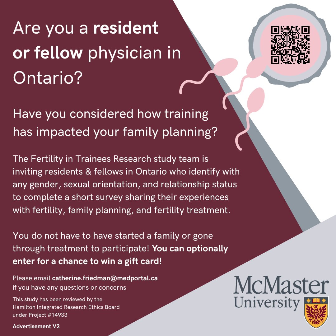Are you a resident or fellow MD in Ontario? Have you considered how training has impacted your family planning? Please share your experience! You do NOT have to have started your family to participate &amp; you can win a $20 gift card! redcap.link/FertilityinTra… <a href="/McMasterOBGYN/">McMaster Obstetrics and Gynaecology</a>