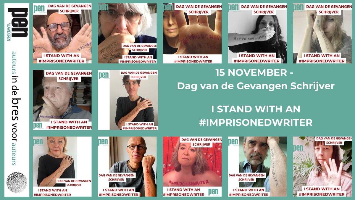 15 november - Dag van de Gevangen Schrijver

PEN-leden vragen aandacht voor hun collega's in gevangenschap!  

Wil je meedoen met deze campagne? Neem een foto van jezelf met #IMPRISONEDWRITER. Plaats hem op sociale media en tag @peninternational en @penvlaanderen