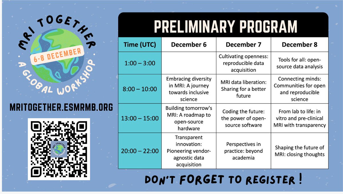 🗓️ Preliminary program 🗓️
MRI Together 2023 

3️⃣ days filled with lots of open, reproducible and inclusive science MR research 🧲

Don’t forget to register ⬇️ eventbrite.co.uk/e/mri-together…