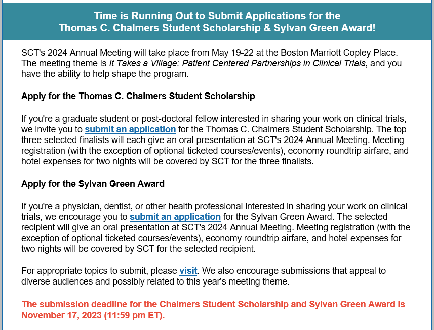 Last week to apply for the Thomas C. Chalmers Student Scholarship and the Sylvan Green Award!