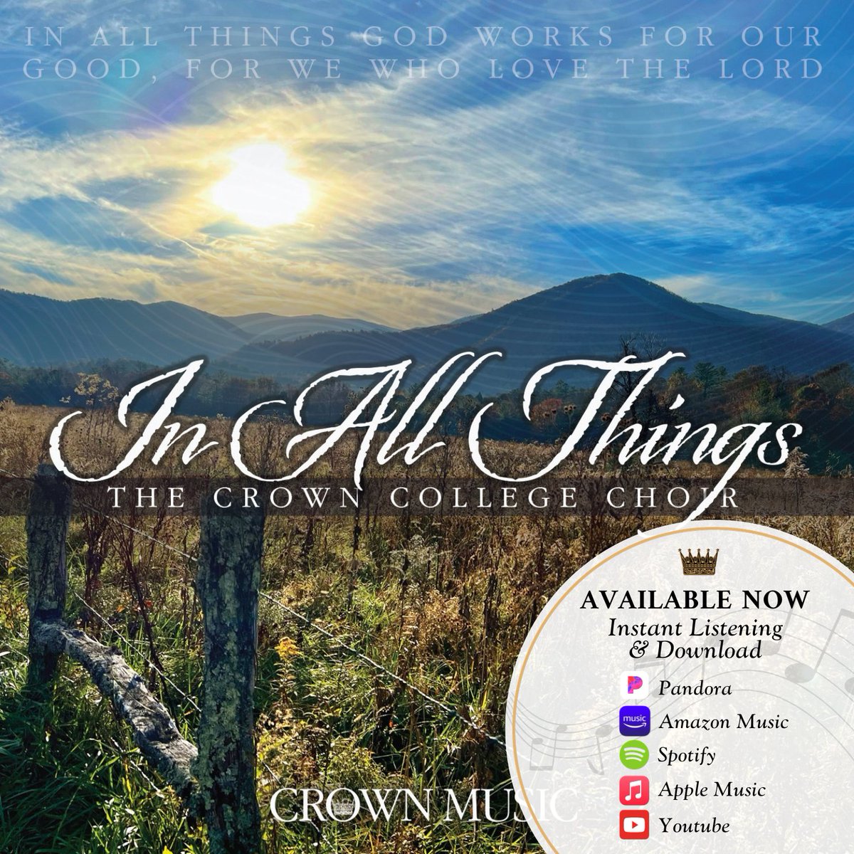 'In All Things' by the Crown College Choir is available for instant download and listening! Check out the links below for quick access to listen through your favorite streaming platforms! 

Pandora: pandora.app.link/1xsevtuLIEb
Apple Music: music.apple.com/us/album/in-al…
Spotify: