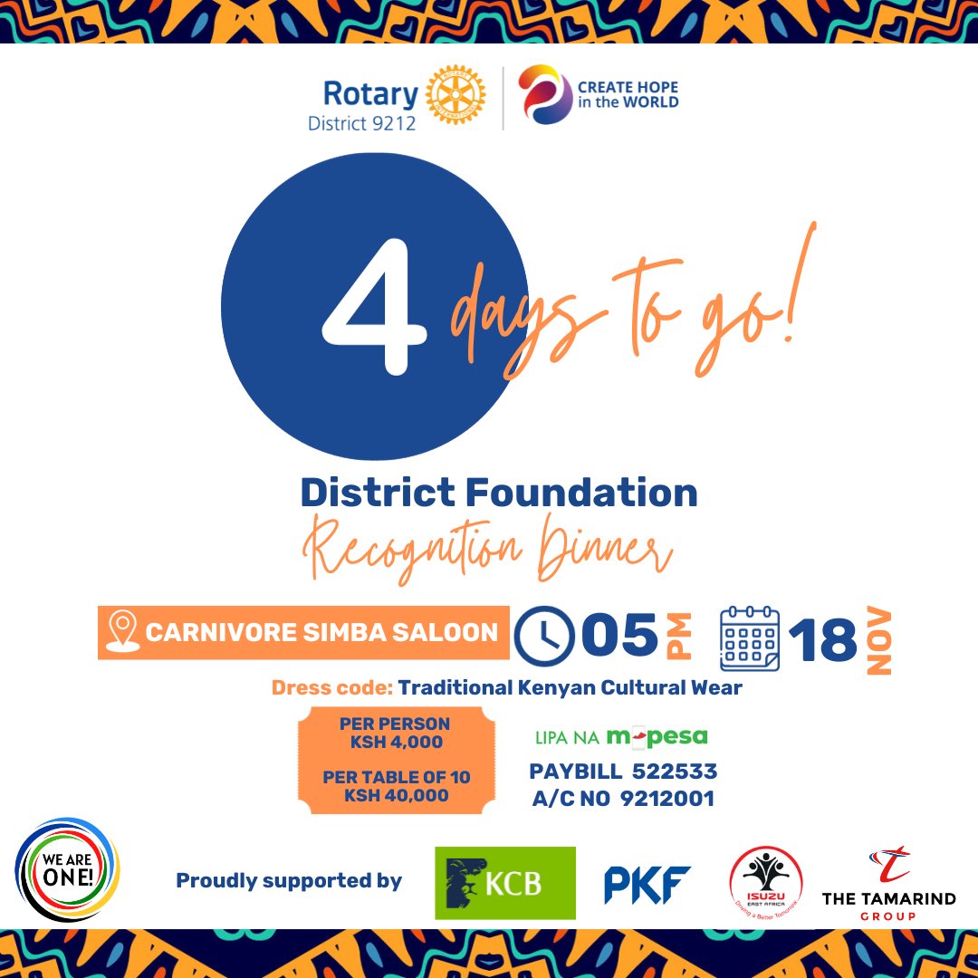 LeaClientS's tweet image. Are you ready for the @d9212_ District Foundation Recognition Dinner? We are! Hosted by esteemed DG @LeoIthau and First Lady @patriciaithau.  Supported by @KCBGroup @IsuzuKenya @PKFEA &amp;amp; @TamarindGroupke. 

See you on Saturday! 🥁 #rotaryfoundation #d9212 #weareone