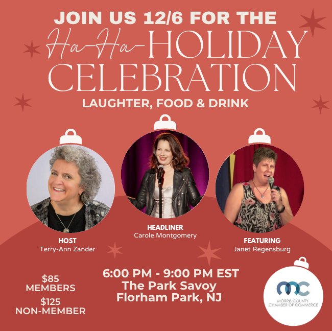 Join us 12/6 to gather with Chamber members for food &amp; laughter at our holiday celebration: featuring Carole Montgomery, Janet Regenburg and host Terry-Ann Zander. Hors d'oeuvres, hot dishes, desserts, open bar &amp; more. Learn more and register: bit.ly/46XeZRr #networking