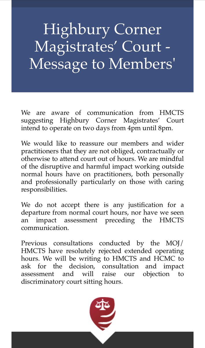 We do not accept there is any justification for a departure from normal court hours, nor have we seen an impact assessment preceding the HMCTS communication. Previous consultations conducted by the MOJ/HMCTS have resolutely rejected extended operating hours. We will be writing…