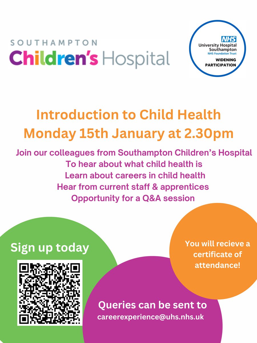 Interested in finding out more about child health? Join our colleagues from our @SotonChildHosp on 15th January who will be hosting a webinar on careers within child health.

Register via the QR code or here 👉forms.office.com/e/7f0MNZdp9c

#childhealthcareers #nhscareers #350careers