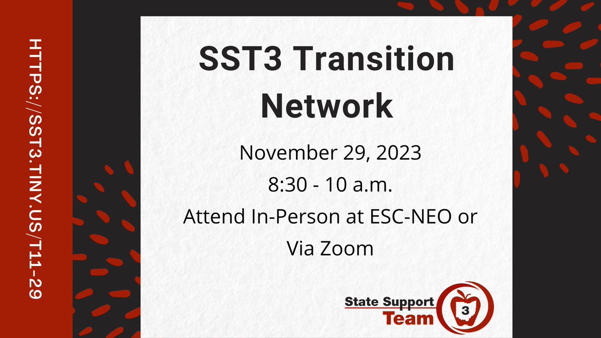 Do you support secondary students with disabilities in the transition process? Join our Transition Network on November 29 for updates, resources and discussion around Supported Decision Making.  Learn more and register here - sst3.tiny.us/t11-29  #sst3 #sst3CCR #sst3SPED