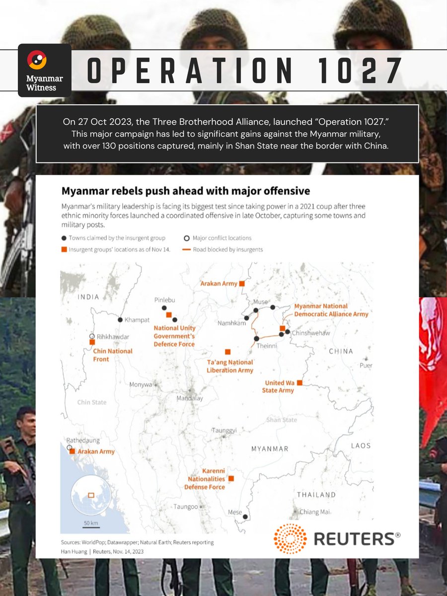 MyanmarWitness's tweet photo. Operation 1027

On 27 Oct 2023, the Three Brotherhood Alliance, launched “Operation 1027.” This campaign has led to significant gains against the Myanmar military, with over 130 positions reportedly captured, mainly in Shan State near the border with China.

#OP1027 THREAD 👇