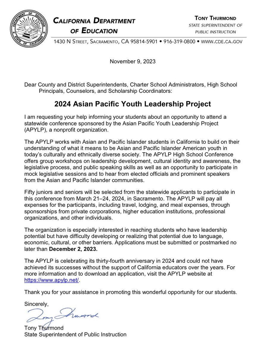 CAAPLE (@caapleorg) on Twitter photo Please share this with students! <a href="/TonyThurmond/">Tony Thurmond</a> announces opportunity for youth to attend statewide conference sponsored by the Asian Pacific Youth Leadership Project. Applications are due Dec 2-Visit apylp.net for info. #CAAPLEproud #alliance #advocacy #advancement Please share this with students! <a href="/TonyThurmond/">Tony Thurmond</a> announces opportunity for youth to attend statewide conference sponsored by the Asian Pacific Youth Leadership Project. Applications are due Dec 2-Visit apylp.net for info. #CAAPLEproud #alliance #advocacy #advancement
