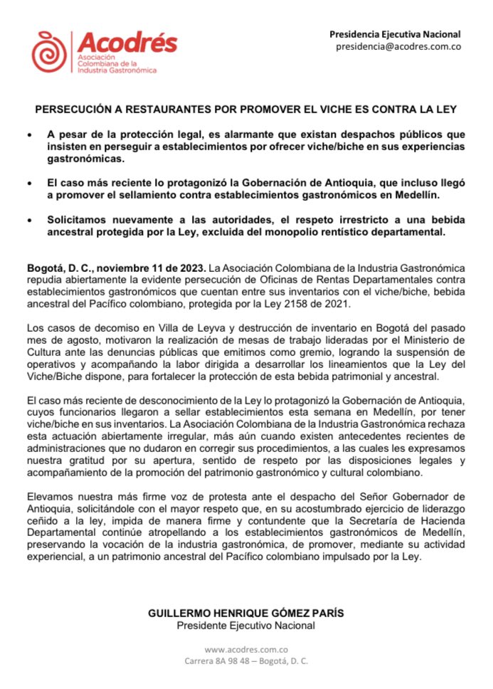 Hacemos un respetuoso llamado a la <a href="/GobAntioquia/">Gobernación de Antioquia</a> para q no persiga al gremio gastronómico de Medellín por promover el viche/biche, bebida ancestral protegida por ley. Es inaudito que se desconozca el orden legal con la excusa de una Ordenanza, llegando a sellar establecimientos.