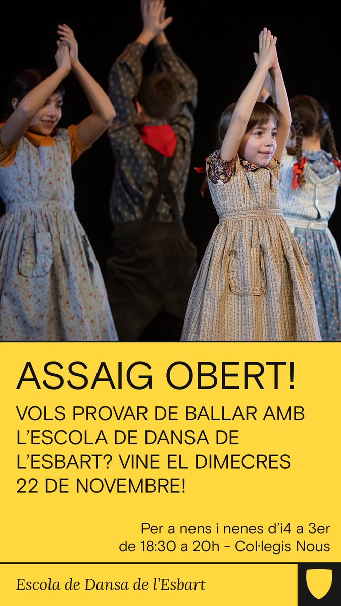 Assaig obert de l'escola de dansa als Col·legis Nous per a infants de i4 a 3r dimecres 22 de novembre de 18.30 a 20h. Us hi esperem! #Mollet