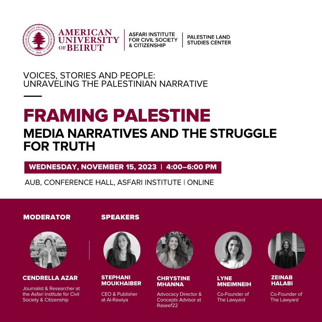 🌍 Explore the power of media in shaping narratives on Nov 15, 4-6 PM. Join the dialogue on media ethics and truth 📰 #MediaNarratives #ConflictJournalism #warreporting 
This is an open event. Join us at the Asfari Institute or online.
🔗: aub.webex.com/aub/j.php?MTID…
