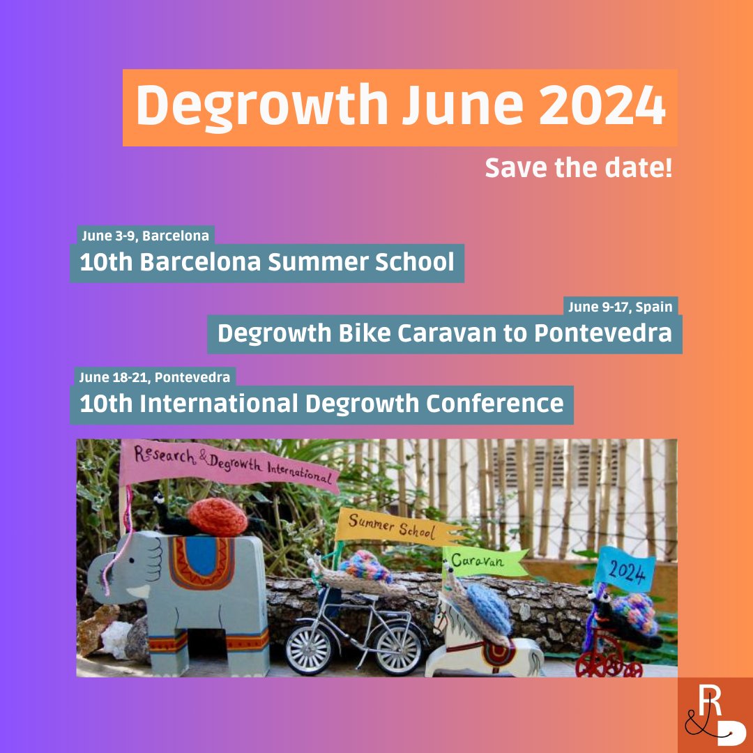 Save the date ✨

Mark June 2024 in your calendars for the 10th Barcelona Summer School, a Degrowth Bike Caravan to Pontevedra and the 10th International Degrowth Conference in Pontevedra 🐌🚴‍♂️

#DegrowthJune