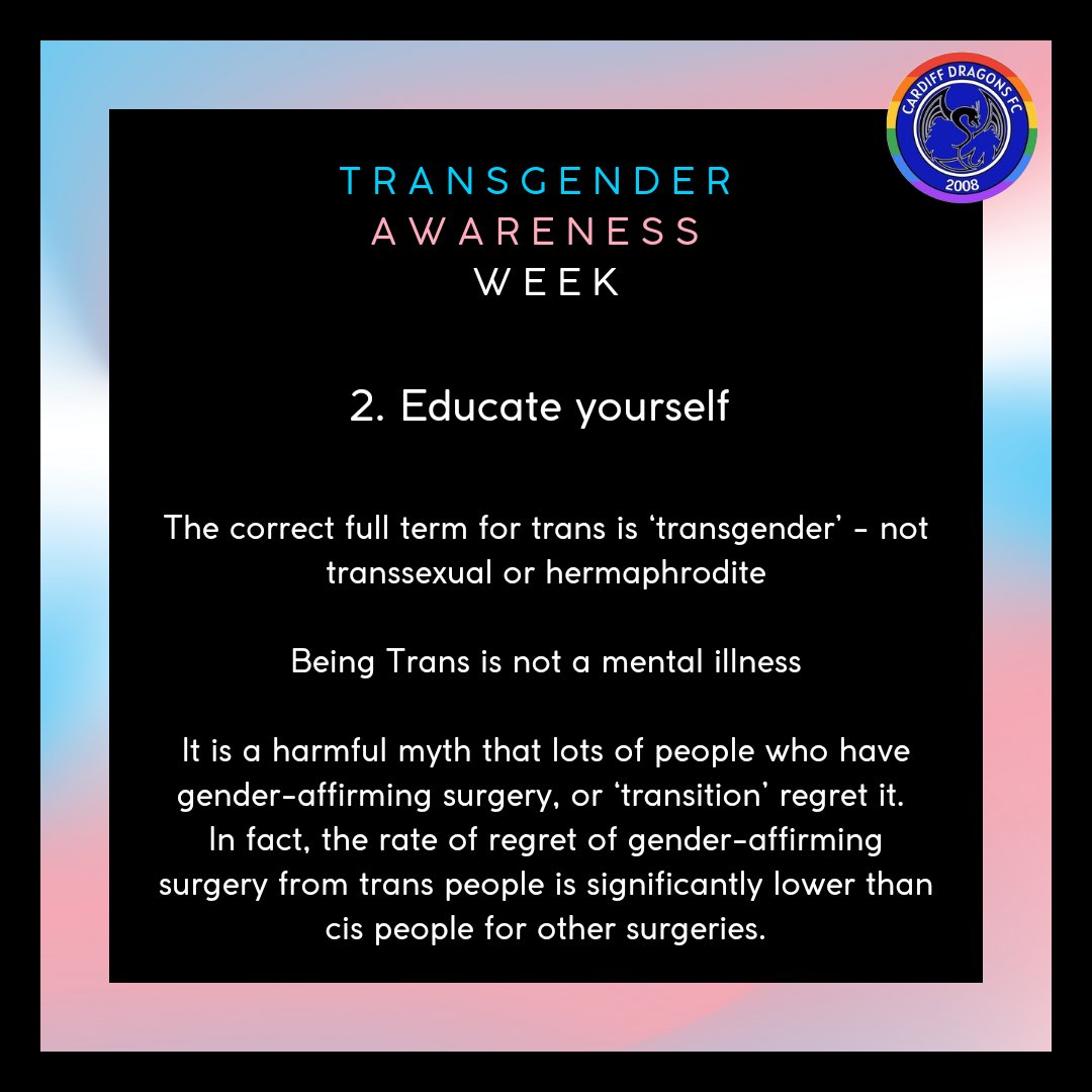 cardiffdragons's tweet image. It's trans awareness week. We get the feeling most people are aware of trans people's existence already, so we figured we'd share how you can be an active ally, rather than a passive onlooker.