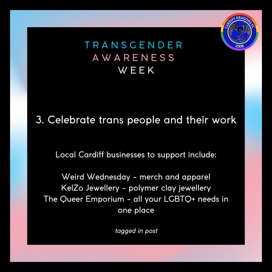 cardiffdragons's tweet image. It's trans awareness week. We get the feeling most people are aware of trans people's existence already, so we figured we'd share how you can be an active ally, rather than a passive onlooker.
