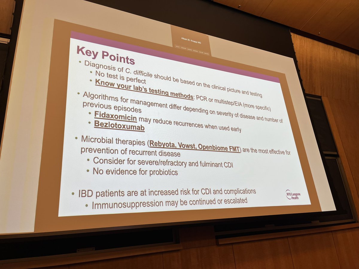 Much needed 🙏 GI Grand Rounds on updates in C.diff testing and therapeutics by @DrJordanAxelrad @nyulangone @NYULH_DeptofMed Some 🔑: 1. PCR = presence of 🦠, need EIA to confirm toxin (true infxn) 2. Dificid > vanc 3. Now ✌️ FDA-approved 💩 avail! Rebyota and Vowst