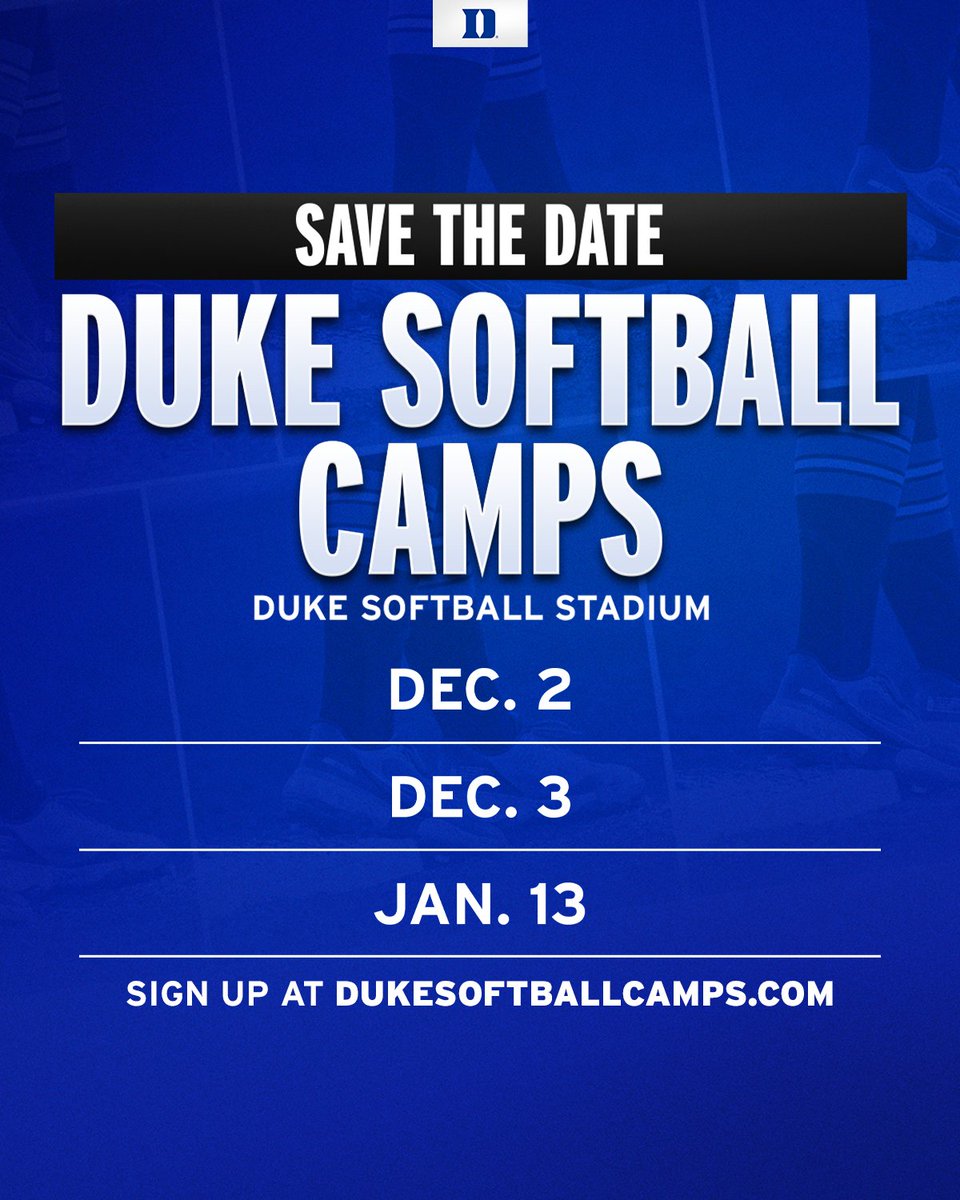 SAVE THE DATE 📆

We are hosting our winter camps on 12/2, 12/3 &amp; 1/13 at Duke Softball Stadium! Stay tuned for registration details.

#Team7 | #GoDuke