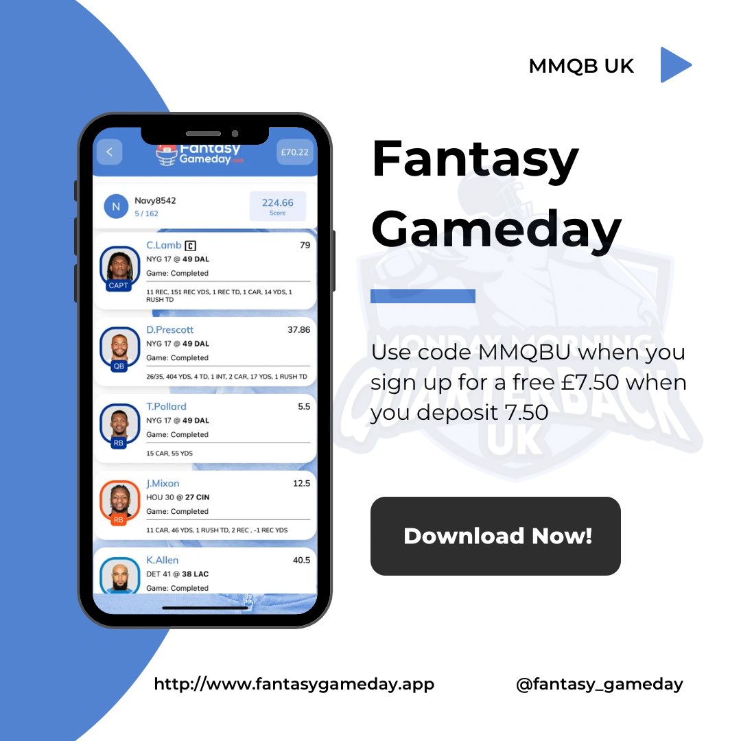MMQB_UK's tweet photo. Back to back 5th place finishes for @Biidss on @fantasy_gameday . The other members of Mmqb Uk did … worse. CeeDee Lamb may be the default captain going forwards!

Download the app and join in next week. Remember to use code MMQBU. 

#nfl #nfluk #fantasyfootball #dailyfantasy https://t.co/DdaBp6jKrP