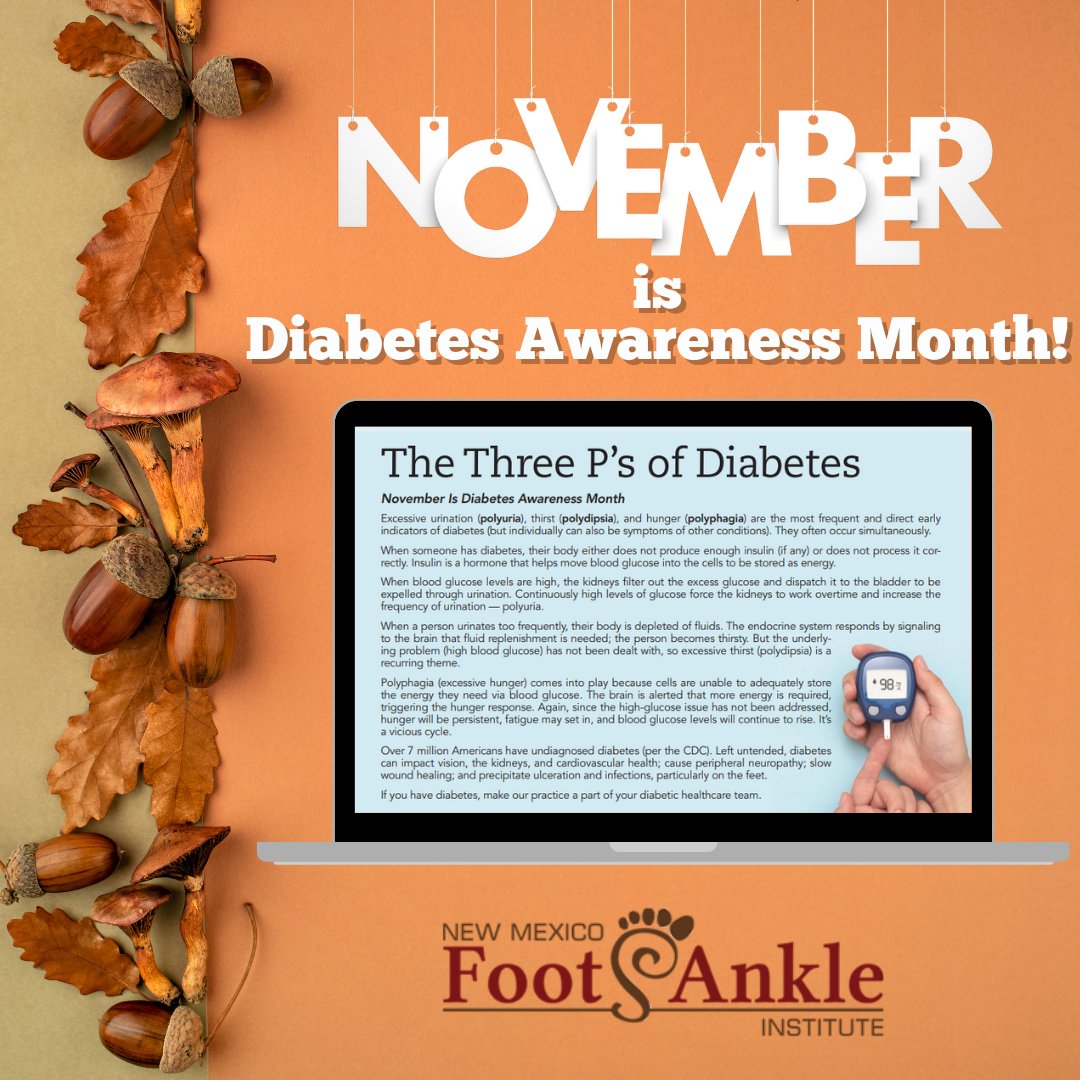 Do you know the Three P’s of Diabetes? Follow the link to our newsletter!
nmfootandankle.com/newsletter.cfm

#DiabetesAwarenessMonth #diabetes #subscribe #newsletter #podiatrynewsletter #November #bestpodiatrists #podiatrist #follow #newmexicodoctor #NewMexicoFootAndAnkleInstitute #NMFAI