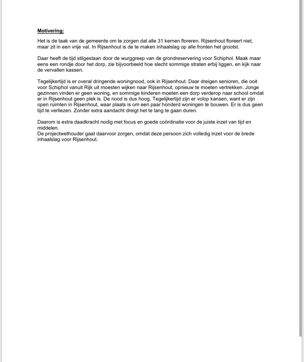 Hoewel het lijkt alsof de ontwikkelingen even hebben stilgestaan. Is niets minder waar! HAP ism Forza heeft een motie ingediend voor het aanstellen van een projectwethouder tbv alleen Rijsenhout. Ondanks dat de VVD,CDA en D66 tegen deze motie waren, is de motie aangenomen! 🎉