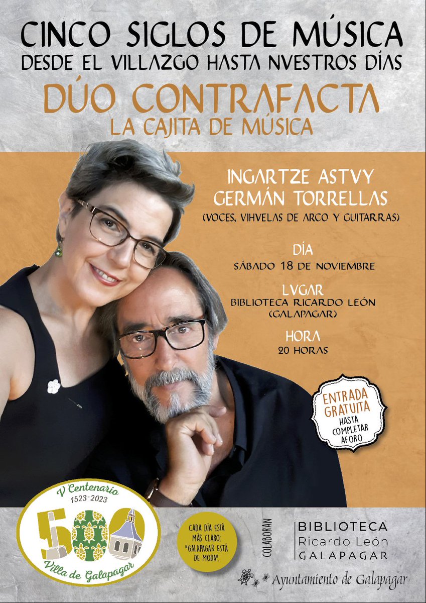 El DÚO CONTRAFACTA estuvo con nosotros en enero. Ahora vuelven con sus voces, vihuelas de arco y guitarras, para mostrarnos "CINCO SIGLOS DE MÚSICA". Un concierto único, que no dejará indiferente a nadie. Si quieres pasar una tarde apasionante, ESTE ES TU MOMENTO...