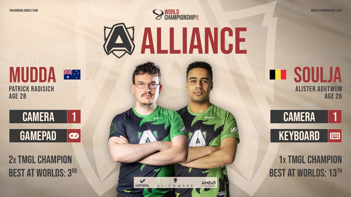 TMGL 2023 Stage 2 champions, <a href="/TmMudda/">Mudda #Trackmania</a> and <a href="/SsouljaTM/">Soulja</a> are going to compete under <a href="/theAllianceGG/">Alliance</a> banner for the World Championship!

Can they be crowned World Champions for the first time?