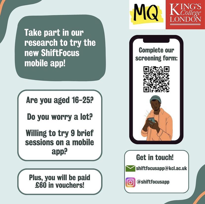 We are recruiting young people to try our new mobile app! You can complete our screening form in our instagram bio to get involved! #mentalhealthresearch #worry #anxiety #recruitment #youngpeople