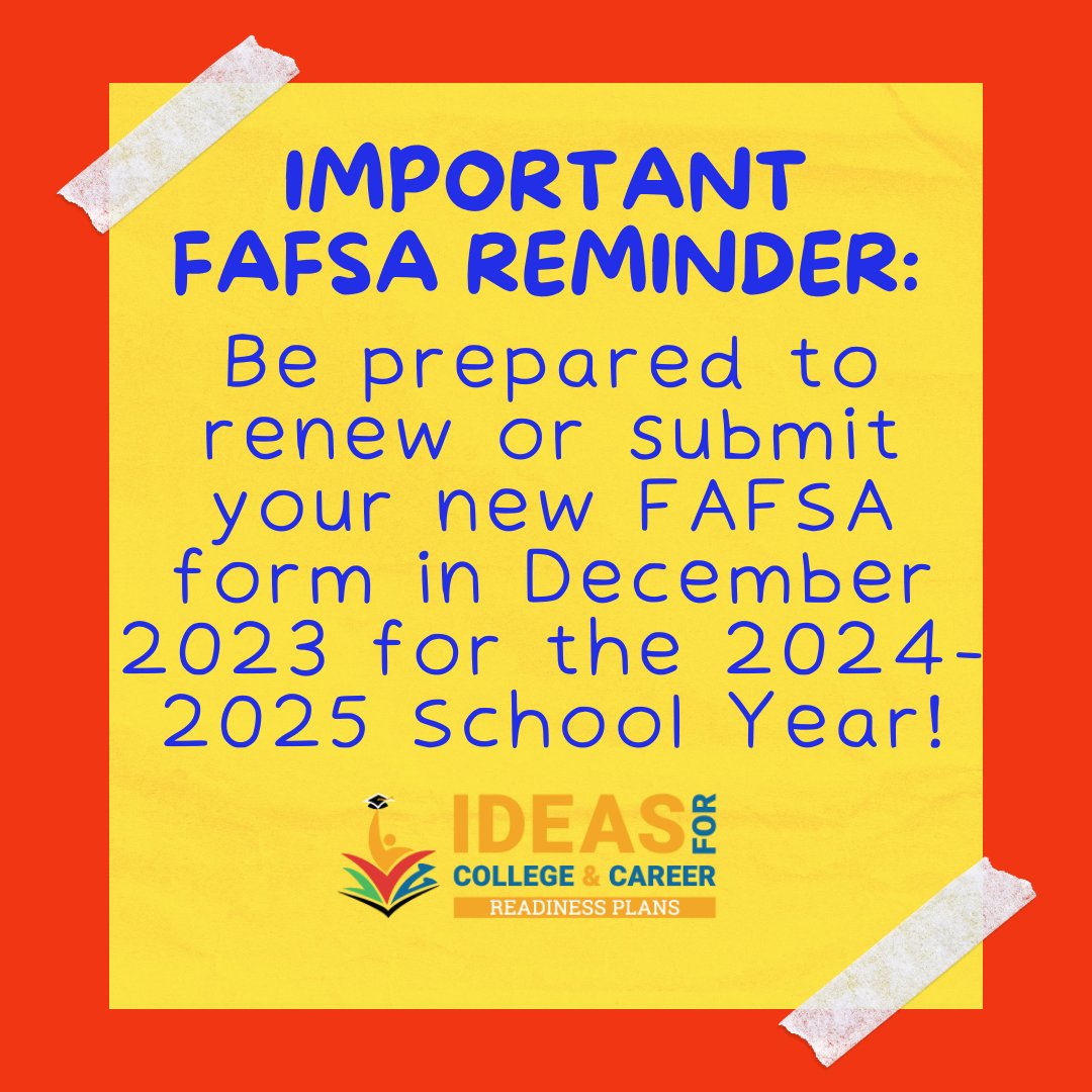 The FAFSA count down begins! Be prepared with your FSA ID, Social Security Number, and Tax Information ready. Follow our page to stay up to date with FAFSA updates as they change! #IDEASformyfuture #college #university #senior #FAFSA