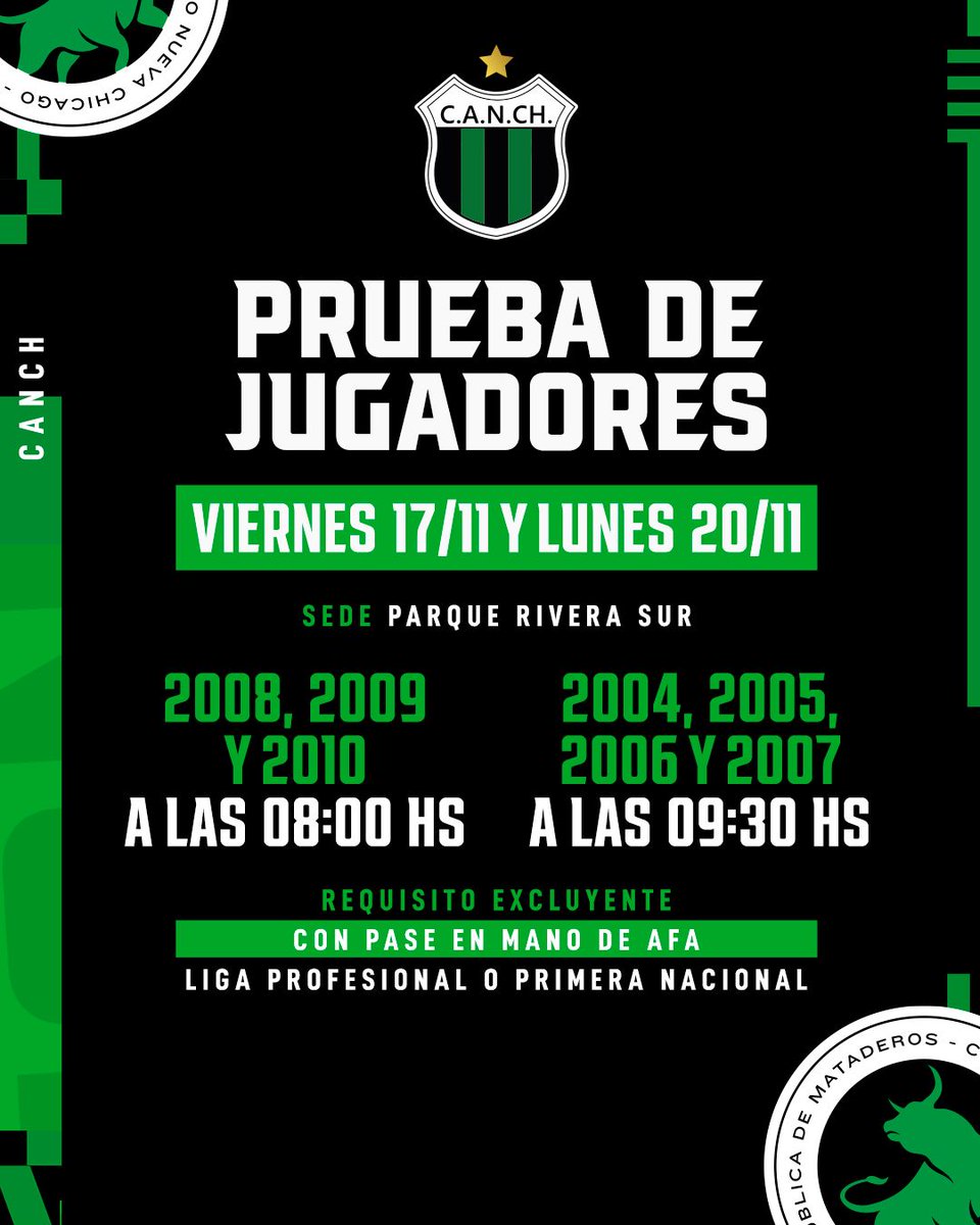NuevaChicago's tweet photo. Comienzan las pruebas de fin de año en el Fútbol Amateur (AFA) del Club Atlético Nueva Chicago 💪🏻

✔️ Categorías 2004, 2005, 2006, 2007, 2008, 2009 y 2010.

🗓️ Viernes 17/11 y Lunes 20/11

⏰ 08:00 hs. Categorías 2008/09/10.

⏰ 09:30 hs. Categorías 2004/05/06/07 https://t.co/ek6wMXTs97
