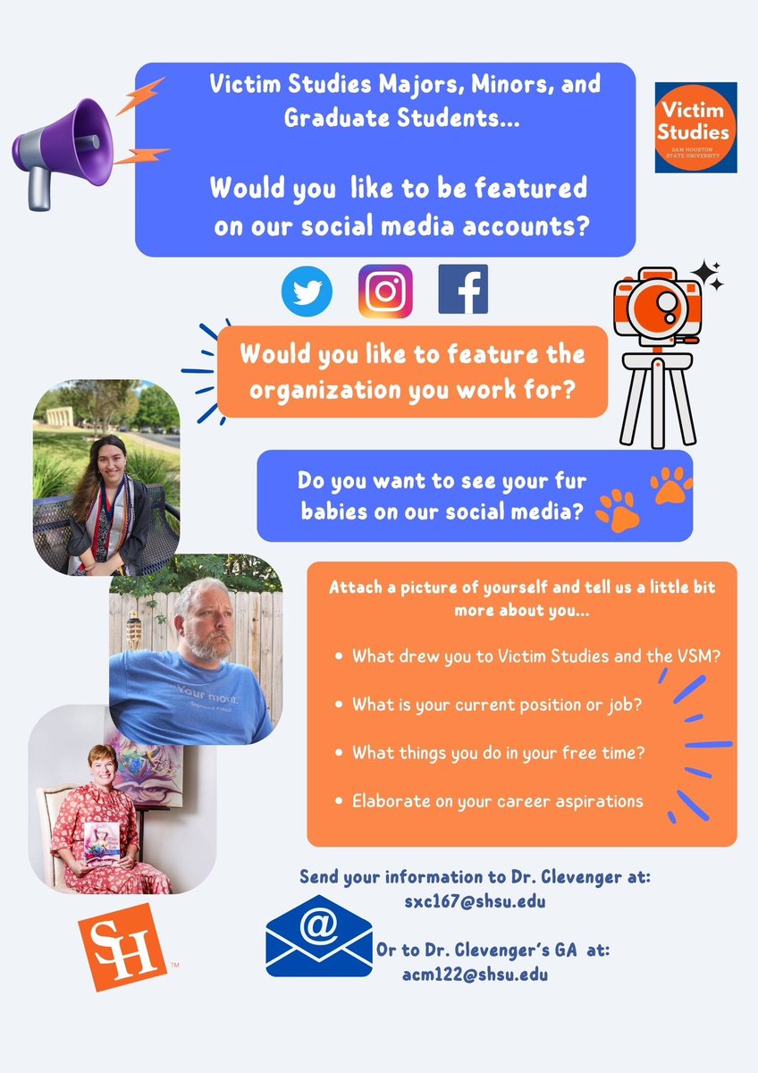 SHSU Department of Victim Studies (@shsu_vs) on Twitter photo ATTENTION: Victim Studies Students, we would love to feature you, your fur babies, and your self care Sunday routine photos on our social media accounts! 🕵🏻♀️
Send your information to 📧
Dr. Clevenger at sxc167@shsu.edu or to her GA at acm122@shsu.edu ATTENTION: Victim Studies Students, we would love to feature you, your fur babies, and your self care Sunday routine photos on our social media accounts! 🕵🏻♀️
Send your information to 📧
Dr. Clevenger at sxc167@shsu.edu or to her GA at acm122@shsu.edu