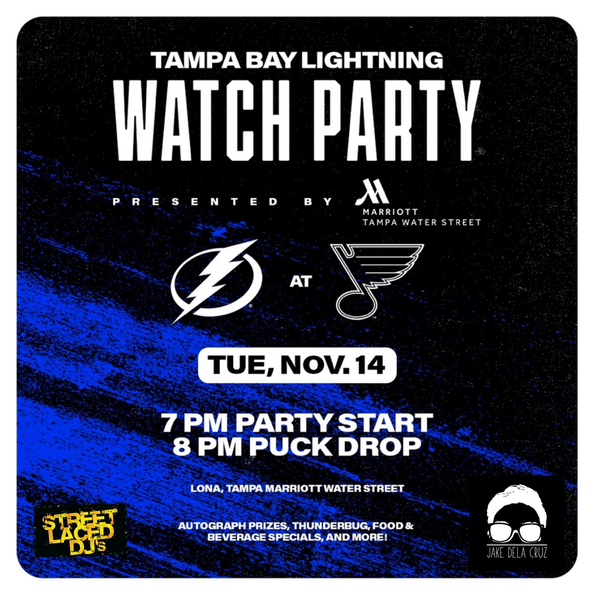 #BoltsNation! Join ME, @StreetLacedDJs own @DJJakeDelaCruz, @ThunderBugTBL, @TBLRollingTHNDR & #BoltsBlueCrew TONIGHT at Lona (Tampa Marriott @WaterStTampa) for the OFFICIAL @TBLightning Watch Party! 
Party starts at 7p! 
WIN autographed prizes & @933flz Jingle Ball tix! #GoBolts