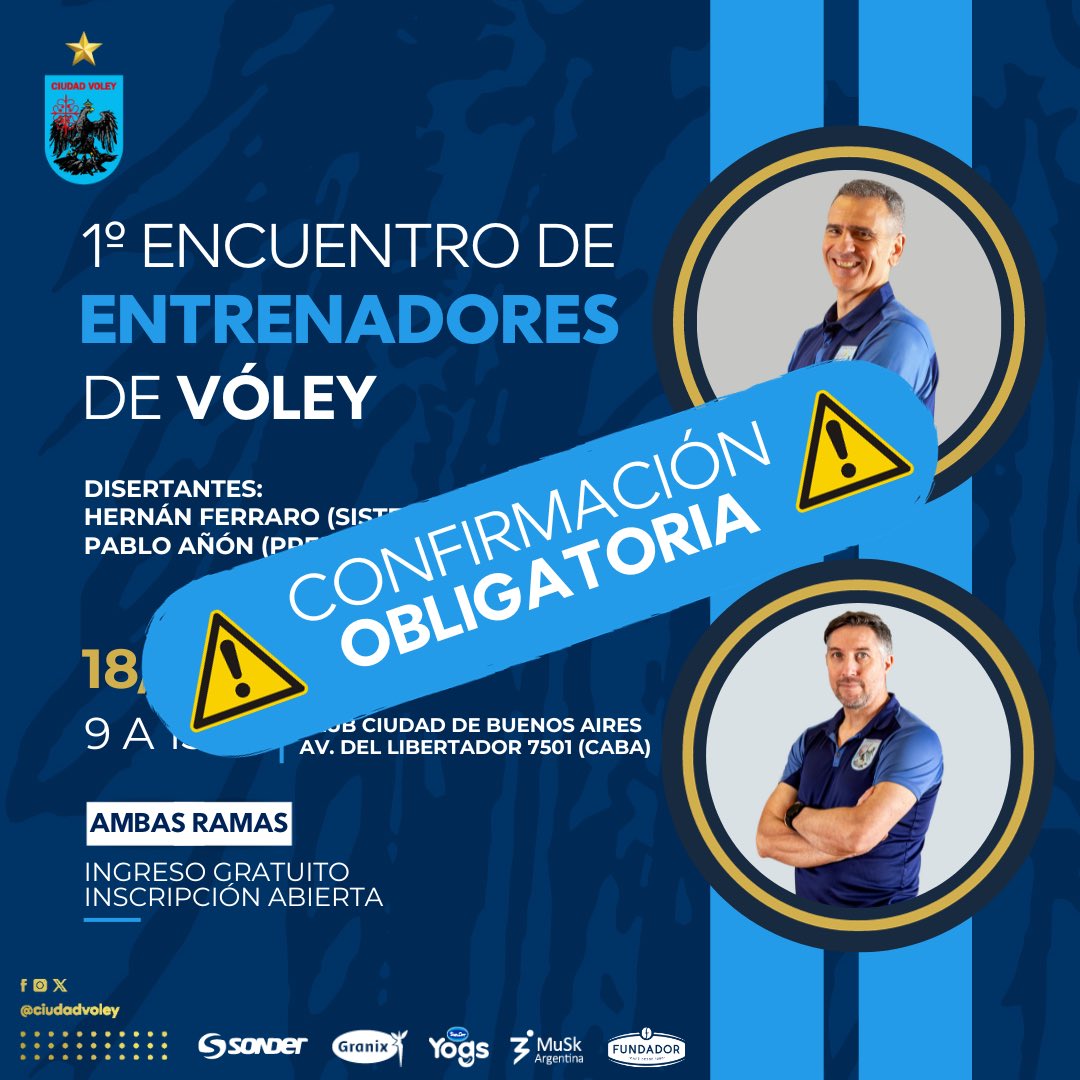 ¡Este sábado es el 1º Encuentro Presencial de Entrenadores de Vóley en Muni! 🏐

👉🏻 Con las disertaciones de Hernán Ferraro y Pablo Añon, los esperamos de 9 a 13hs.

Solicitamos a quienes se inscribieron, 𝐜𝐨𝐧𝐟𝐢𝐫𝐦𝐚𝐫 𝐚𝐬𝐢𝐬𝐭𝐞𝐧𝐜𝐢𝐚 a prensaciudadvoley@gmail.com.