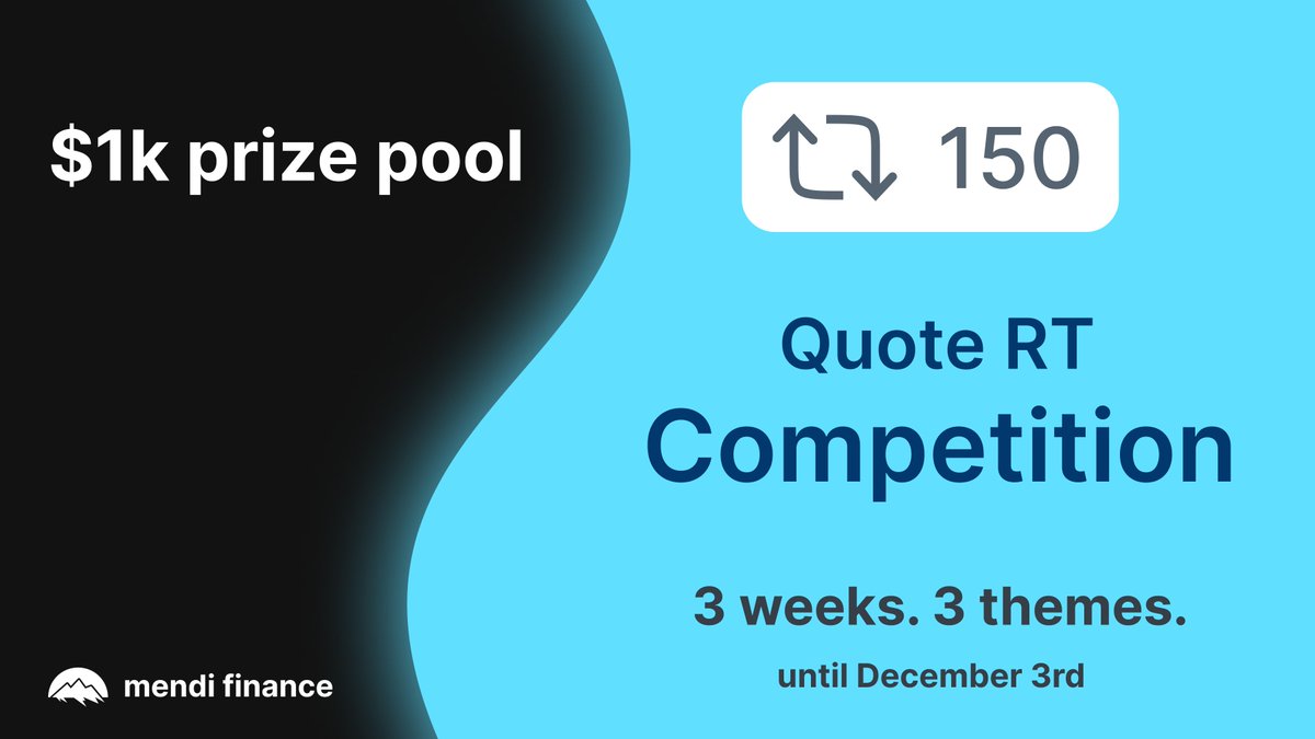 malda_xyz's tweet photo. 🏔️💙Express your creativity & excitement for #DeFiVoyage to earn rewards with @MendiFinance!

📣We’re launching a themed Quote Retweet campaign!

Prizes:
🥇$700
🥈$200
🥉$100

How to participate👇

Show your participation - add (🏔️,💙) to your username!

Quote retweet any of Mendi Finance’s post in the next 3 weeks of DeFi Voyage.

Each week will have a unique theme in which your quote must be in!

💬Week 1 (Nov 14-19): General text quote retweet

💡Week 2 (Nov 20-26): Freeform, be creative!

🐸Week 3 (Nov 27-Dec 3): Quote retweet with a meme

❗️Rules
Make sure to have (🏔️,💙) in your username. This is required to win the prizes!

Include #MendiVoyagers in the quote retweet

Participation is not capped, multiple submissions will be accepted.

🔍The Mendi team review all quote retweet submissions & pick the top 3 team favorites.

🔮Those who participate & quote retweet in all 3 weeks of the campaign will receive a mystery Mendi Voyagers role on Discord, along with mystery rewards to accompany!

Together, we Linea. Time to grow together & win together🤝 #MendiVoyagers
