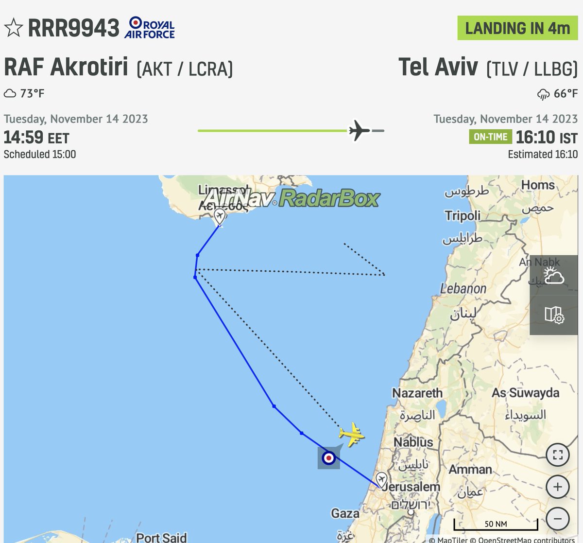 An A400M military transport aircraft—operated by RAF—has just touched down in Tel Aviv. 

It can carry 116 soldiers, a Chinook helicopter and a payload of 37 tonnes.

UK military is refusing to divulge what the dozens of aircraft it has sent to Tel Aviv are carrying onboard.