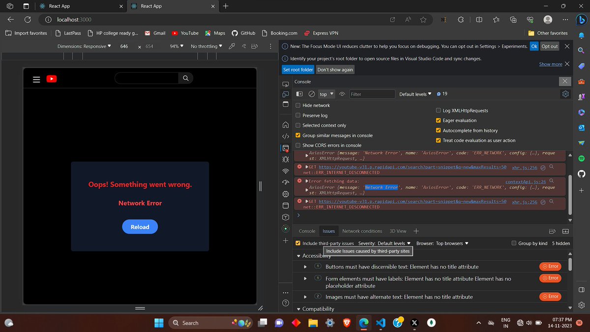 Mani_xsh's tweet image. Day 44 of learning MERN #100DaysOfCode #youtubeapi #reactjs
"Displaying an error page when a response does not come from the API. Some errors have been resolved."