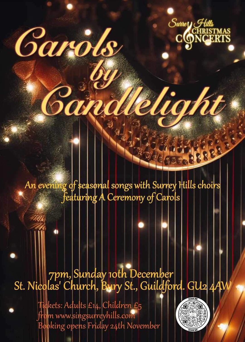 We are pleased to announce that our Carols by Candlelight will be held on Sunday 10th December from 7pm at St. Nicholas’ Church, GU2 4AW

Tickets from SingSurreyHills.com from Friday 24th November 
🎶 
#Guildford #ChristmasCarols