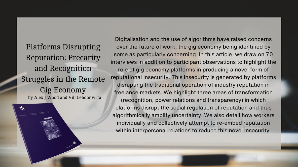 sociologyjnl's tweet image. How do rating systems on gig economy platforms impact job security and freelancer reputation?

Learn now in @tom_swing and @ViliLe’s study “Platforms Disrupting Reputation”.
doi.org/10.1177/003803…